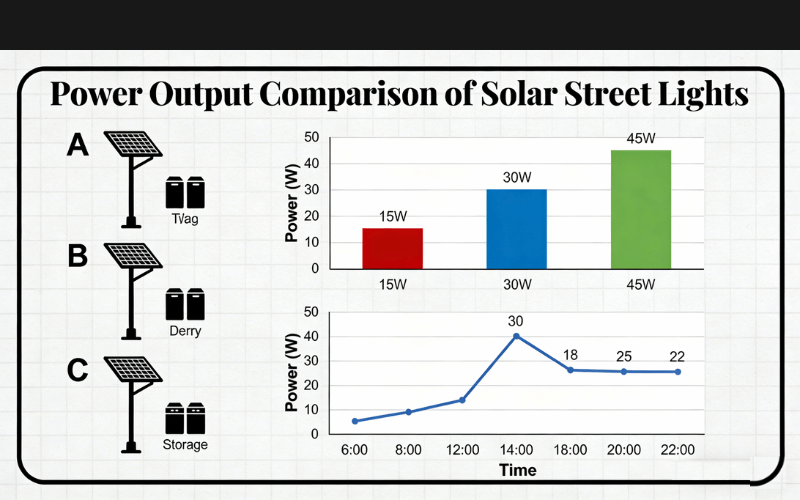 Potência de saída dos postes de iluminação solar