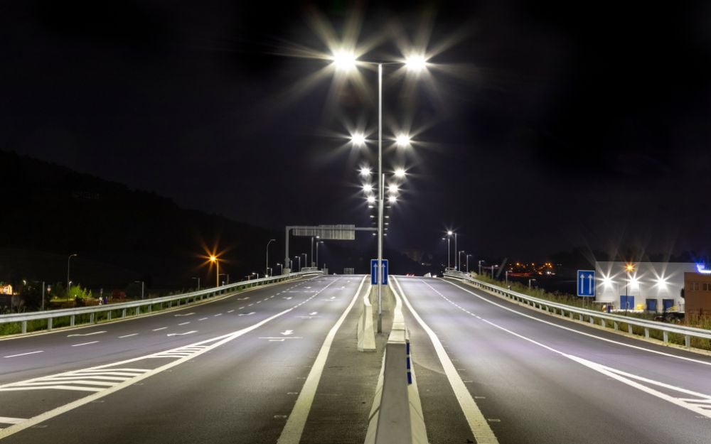 Highway LED streetlights located on both sides of the road Highway LED streetlights located on both sides of the road