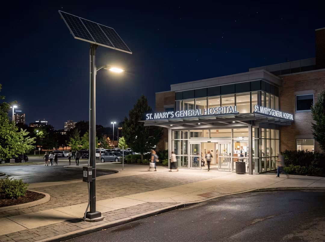 Hybrid solar street light lighting a hospital entrance Hybrid solar street light lighting a hospital entrance