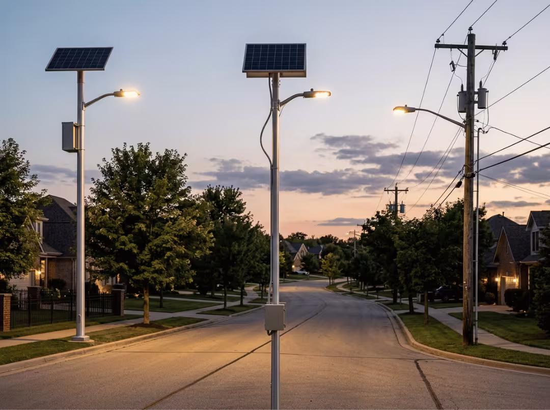 Solar, hybrid, and grid street lights at dusk