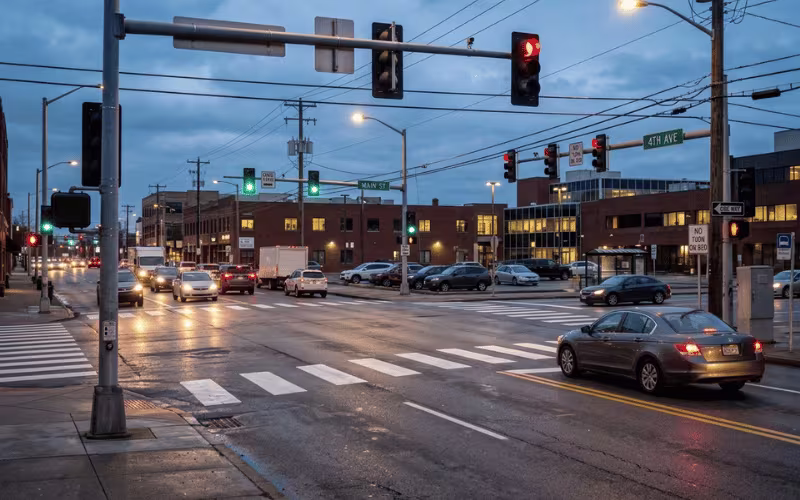 Car waiting at a red light at a city intersection