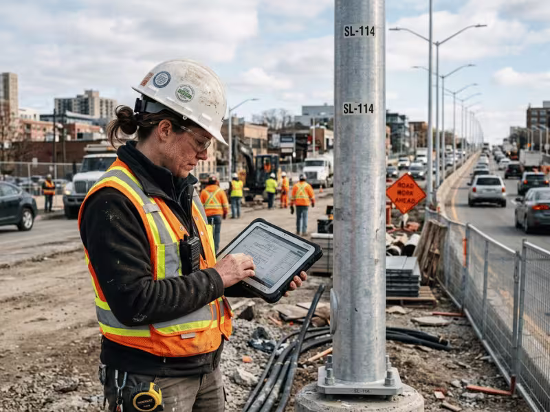 Engineer reviewing a street light plan on site Engineer reviewing a street light plan on site