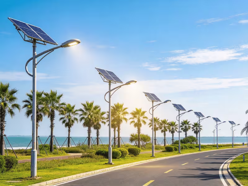 Installed solar street lights along a coastal road Installed solar street lights along a coastal road