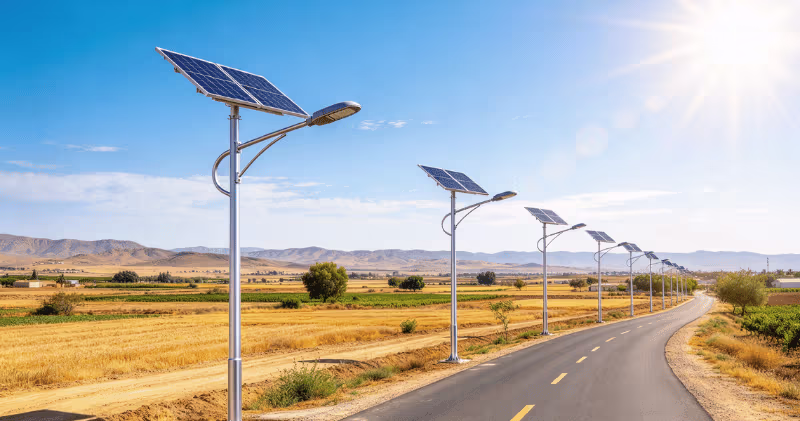Installed solar street lights along a rural road Installed solar street lights along a rural road