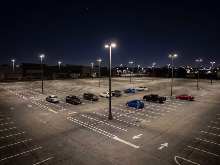 Parking lot at night lit by LED pole lights