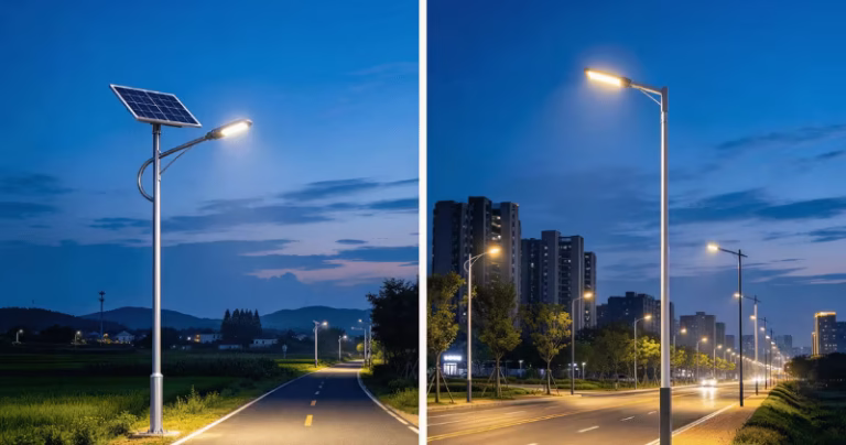 Solar and LED street lights at dusk