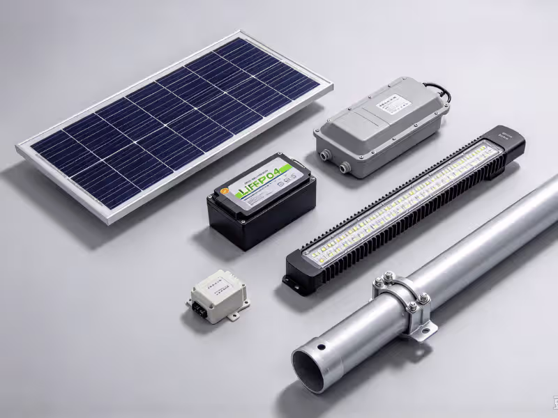 Solar street light components laid out separately Solar street light components laid out separately