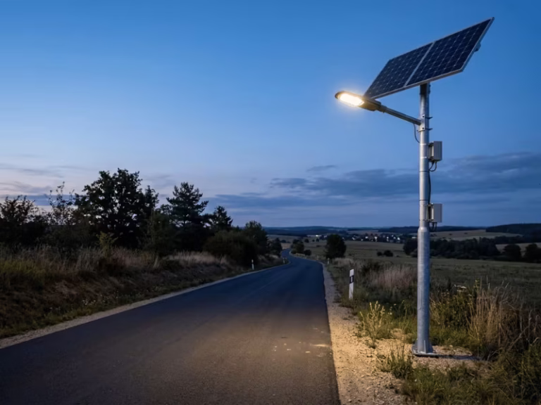 Solar street light on a road at dusk