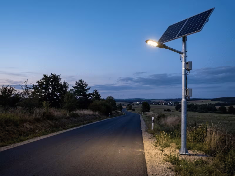 Un lampadaire solaire sur une route au crépuscule
