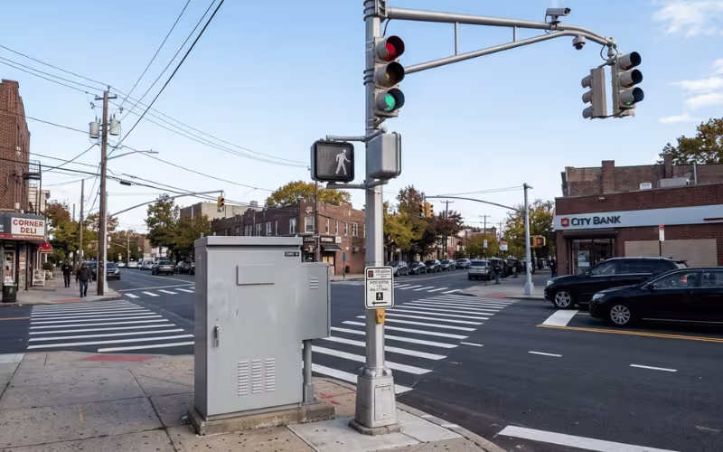 Traffic signal cabinet and street hardware at an intersection Traffic signal cabinet and street hardware at an intersection