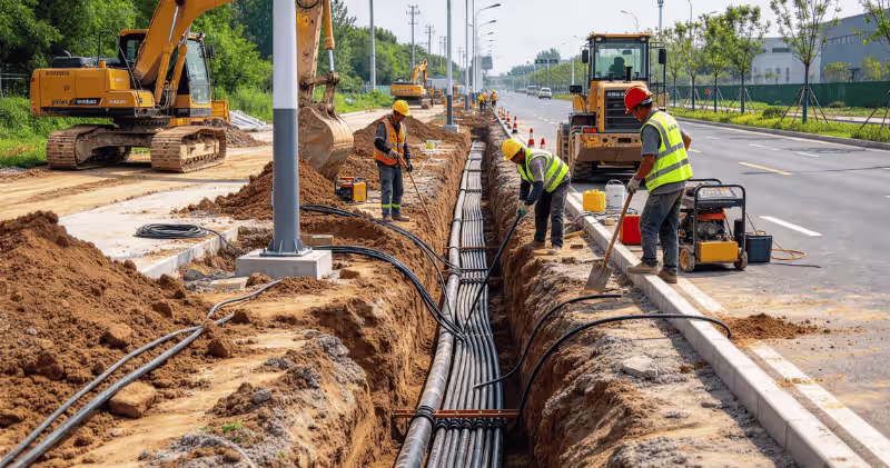 Trenching and cabling for street light installation Trenching and cabling for street light installation