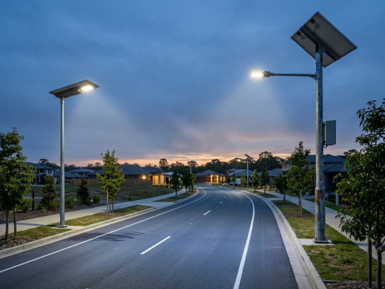 All in one and split solar street lights on road