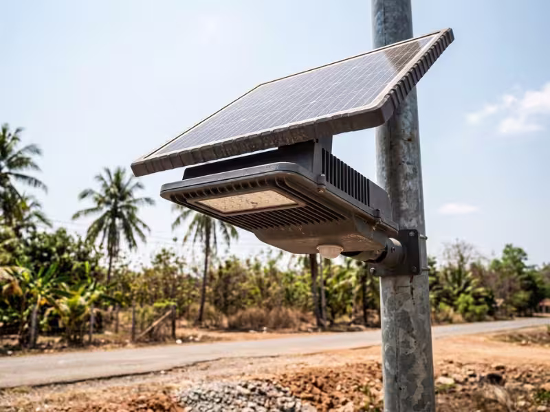 All in one solar street light under strong tropical sun All in one solar street light under strong tropical sun