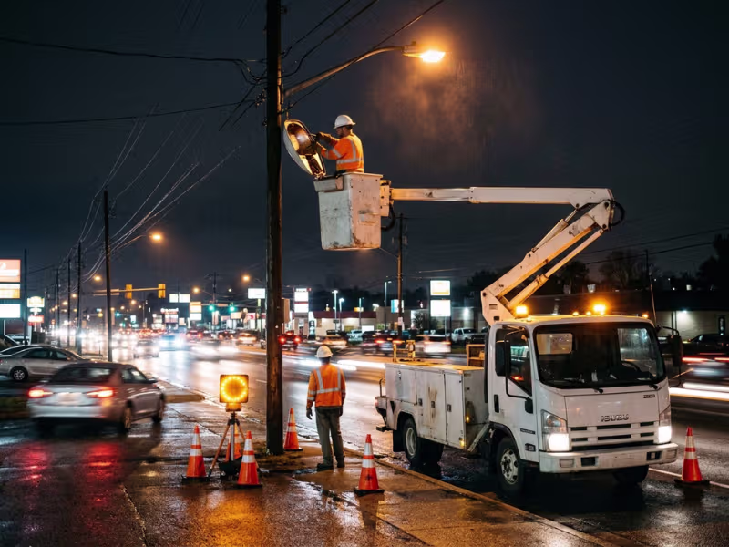 Crew repairing an old HPS street light at night Crew repairing an old HPS street light at night