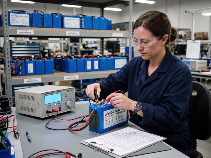 Engineer testing a LiFePO4 battery pack for capacity Engineer testing a LiFePO4 battery pack for capacity