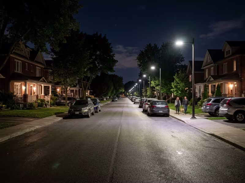 Evenly lit residential street at night Evenly lit residential street at night