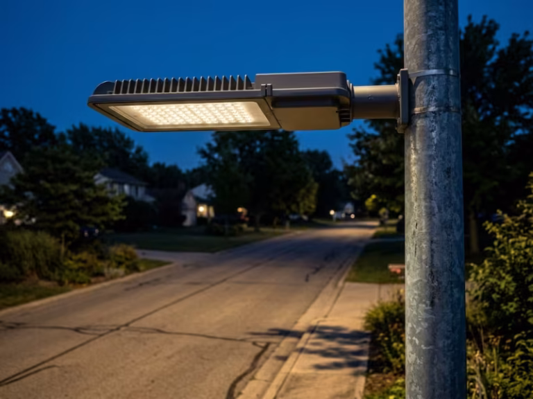 LED street light illuminating a suburban road at dusk