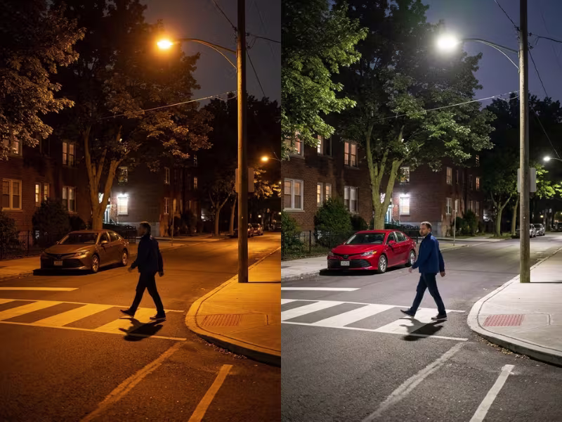 Same crosswalk under HPS and LED street lighting Same crosswalk under HPS and LED street lighting