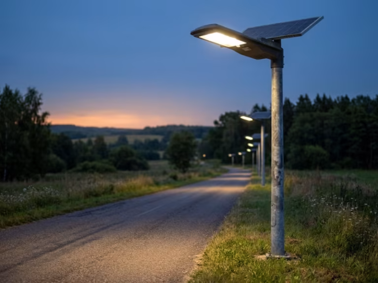 Solar street light glowing on a rural road at dusk