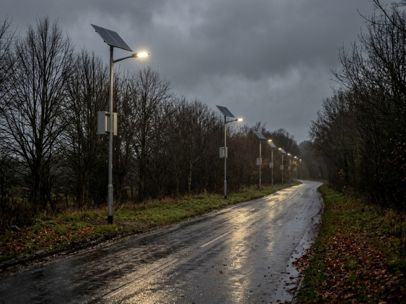 Solar street lights glowing on a rainy overcast road Solar street lights glowing on a rainy overcast road