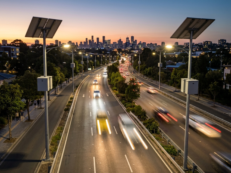Split solar street lights on a municipal main road Split solar street lights on a municipal main road