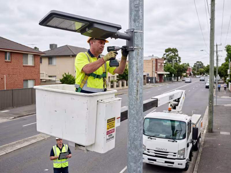 Technician installing an all in one solar street light Technician installing an all in one solar street light