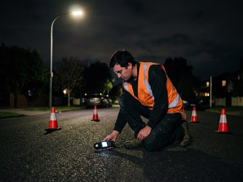 Technician measuring lux on street at night Technician measuring lux on street at night