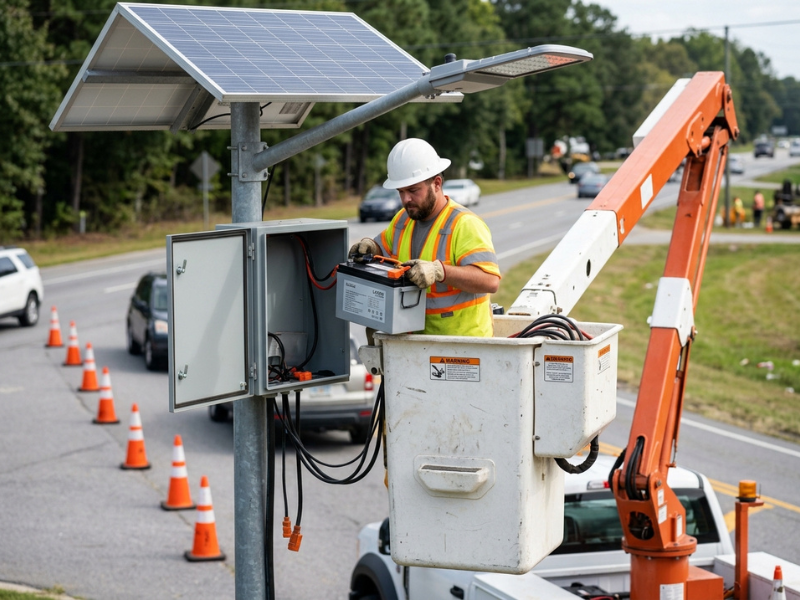 Technician replacing battery on split solar street light Technician replacing battery on split solar street light