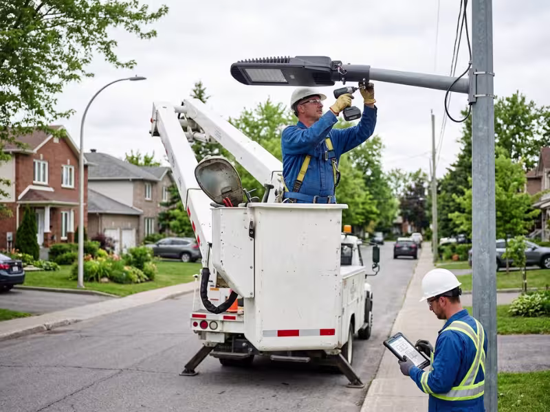 Technicians installing an LED street light on an existing pole Technicians installing an LED street light on an existing pole