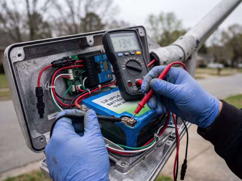 Testing solar street light battery voltage with multimeter Testing solar street light battery voltage with multimeter
